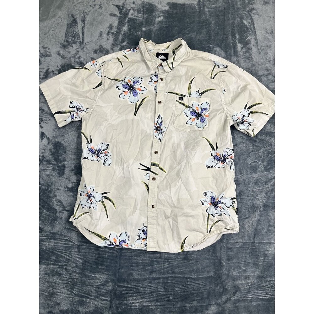 Quiksilver Mens XL Floral Print Short Sleeve Beige With Blue & Orange Flowers